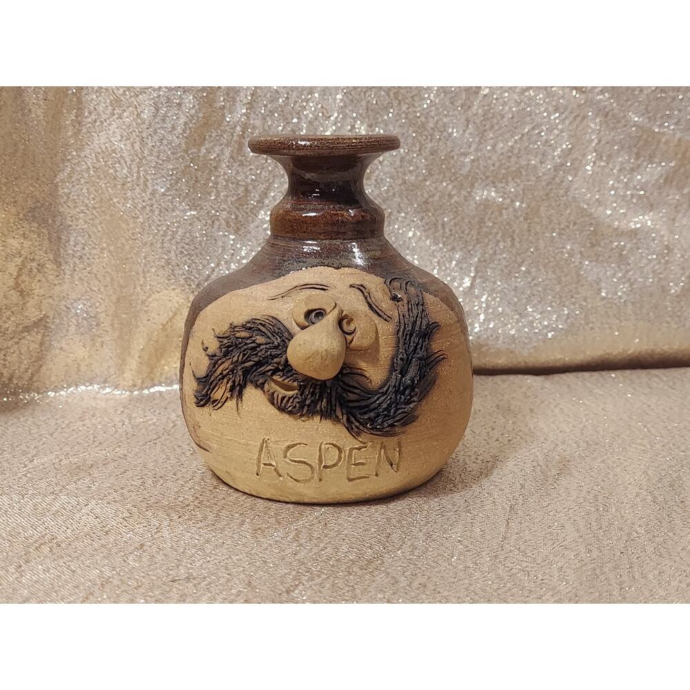 Vintage Foothills Studio Art Pottery Mustache Face 1980s Clay Vase, Aspen